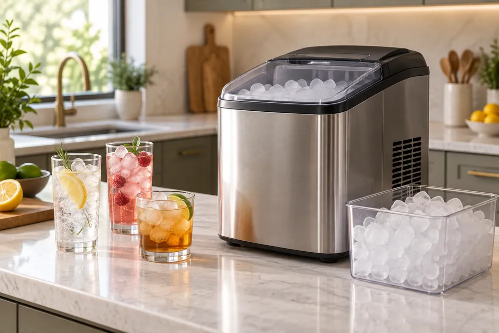Countertop ice maker sits beside a full insulated bin and chilled glasses, with side-angle framing showing production capacity suited to family gatherings.