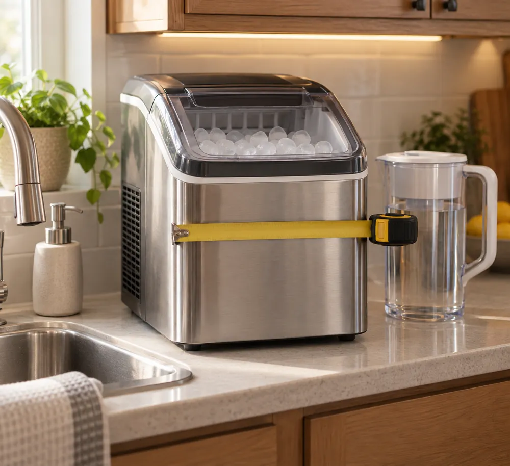 Compact countertop ice maker sits beside a measuring tape and water pitcher, tightly aligned beneath an upper cabinet on a kitchen counter.