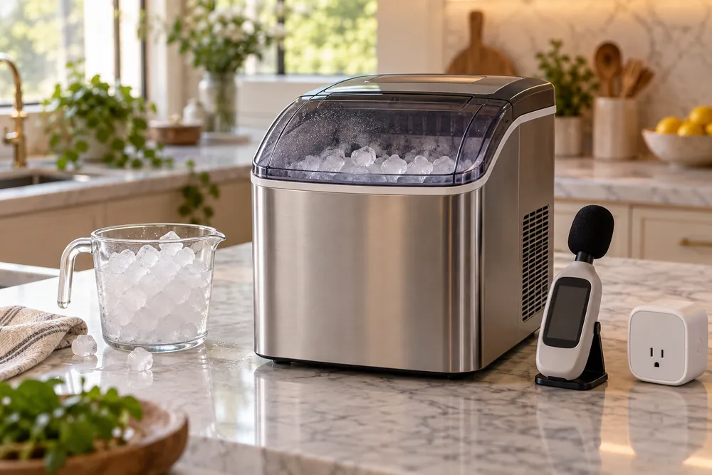 Compact countertop ice maker sits beside ice-filled glasses, a visible power cord, and an unmarked decibel meter in slightly raised kitchen framing.