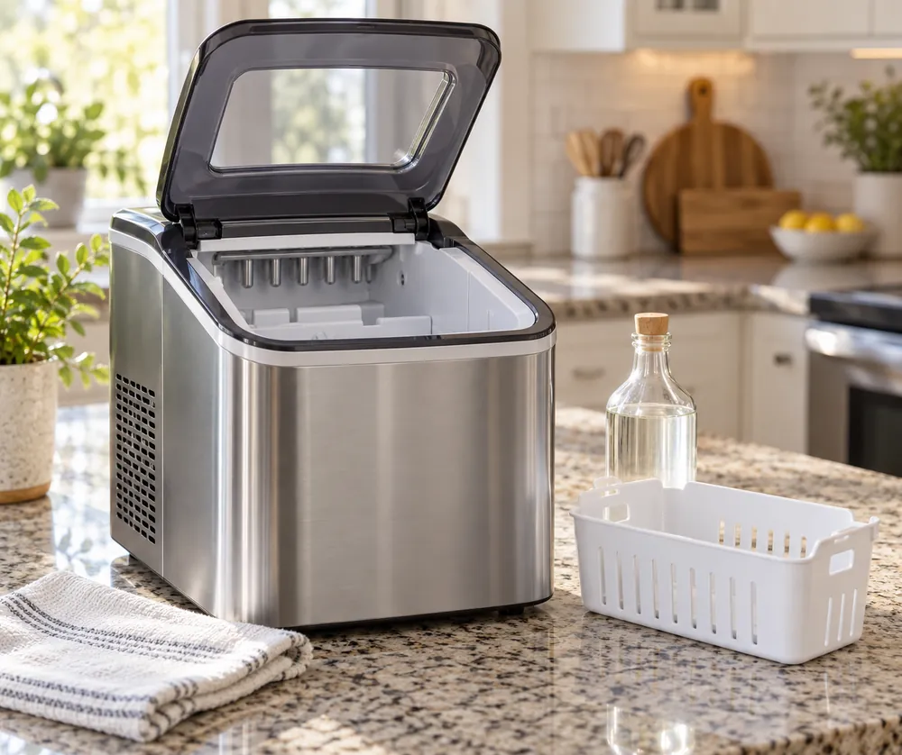 Soft morning light falls across a side-angle kitchen counter, where an open ice maker reveals removable parts beside a damp microfiber cloth.
