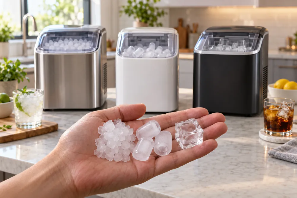 Hand selects between three countertop ice makers beside a glass of fresh ice and a measuring cup in a bright US kitchen.