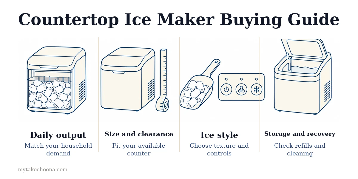 How to Pick a Countertop Ice Maker: Output and Storage, Size and Clearance, Ice Style, Care and Controls.