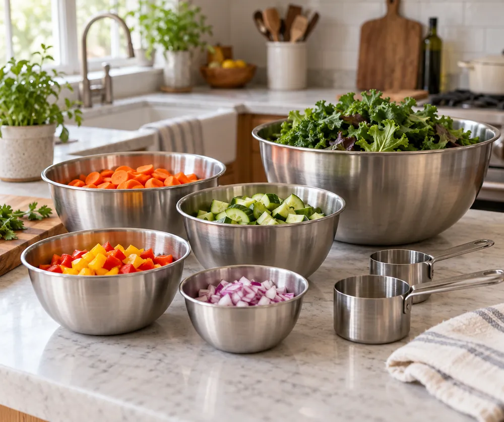 Brushed stainless bowls of different capacities hold chopped vegetables on a kitchen counter, photographed in three-quarter view beside measuring cups.