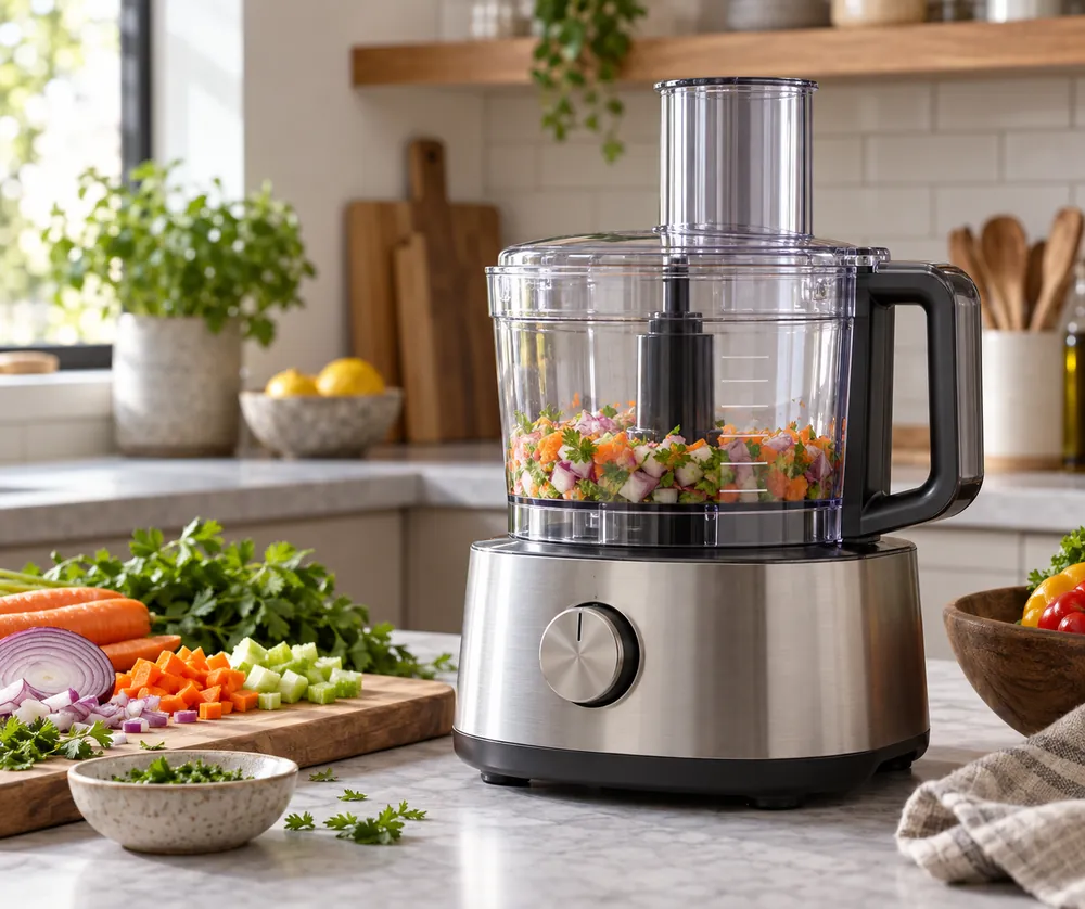 Food processor with clear work bowl on a countertop, side-angle view showing cup markings, chopped vegetables nearby, home kitchen background.