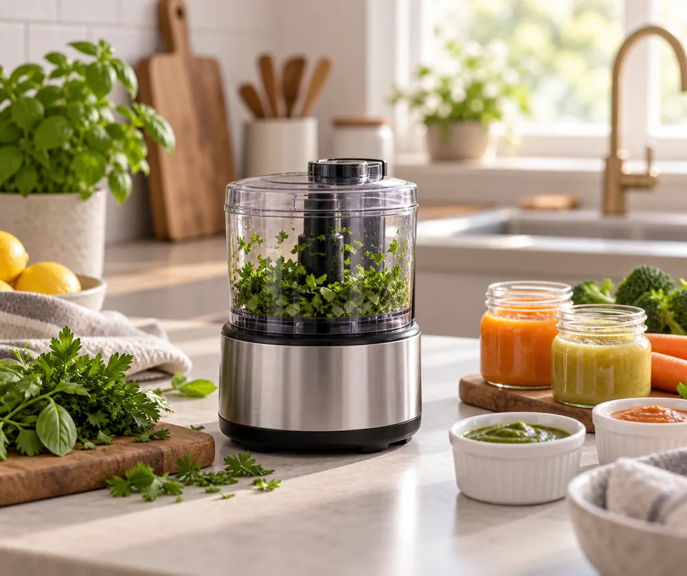 Compact food processor with small bowl chopping herbs beside baby food puree jars and sauce ramekins on a tidy kitchen counter.