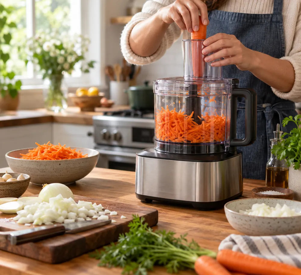 12-cup food processor on a butcher-block counter with shredded carrots, chopped onions, and a parent’s hands prepping weeknight dinner.