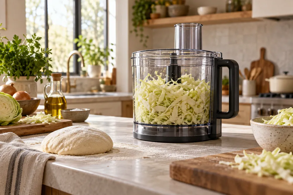 Soft morning light fills a spacious kitchen as a large food processor bowl holds shredded cabbage, dough nearby, low-angle view.