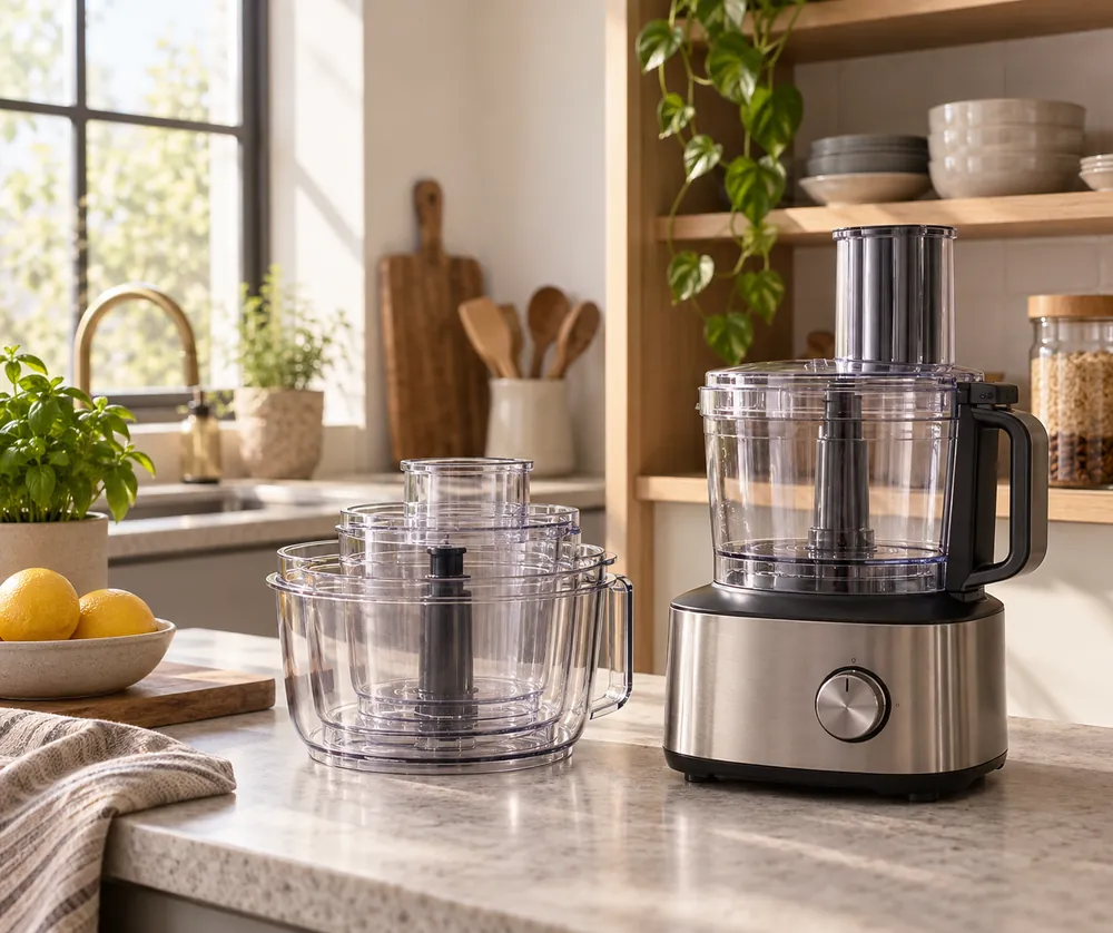 Soft morning light fills a compact kitchen as nested food processor bowls sit beside a base near open cabinet storage.