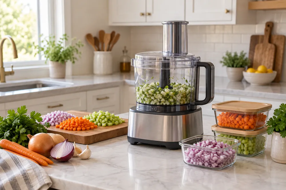 Quartz countertop and white shaker cabinets frame a wide view of a food processor bowl beside chopped vegetables and storage containers.