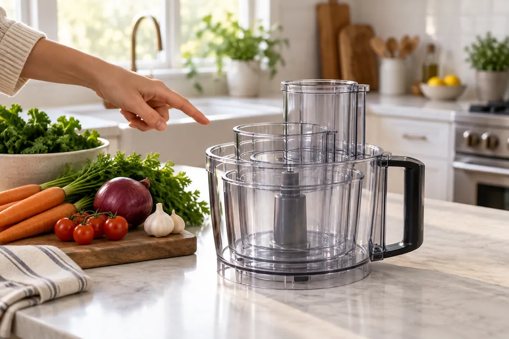 Hand points to nested food processor bowls on a countertop beside vegetables, three-quarter view in a bright US kitchen.
