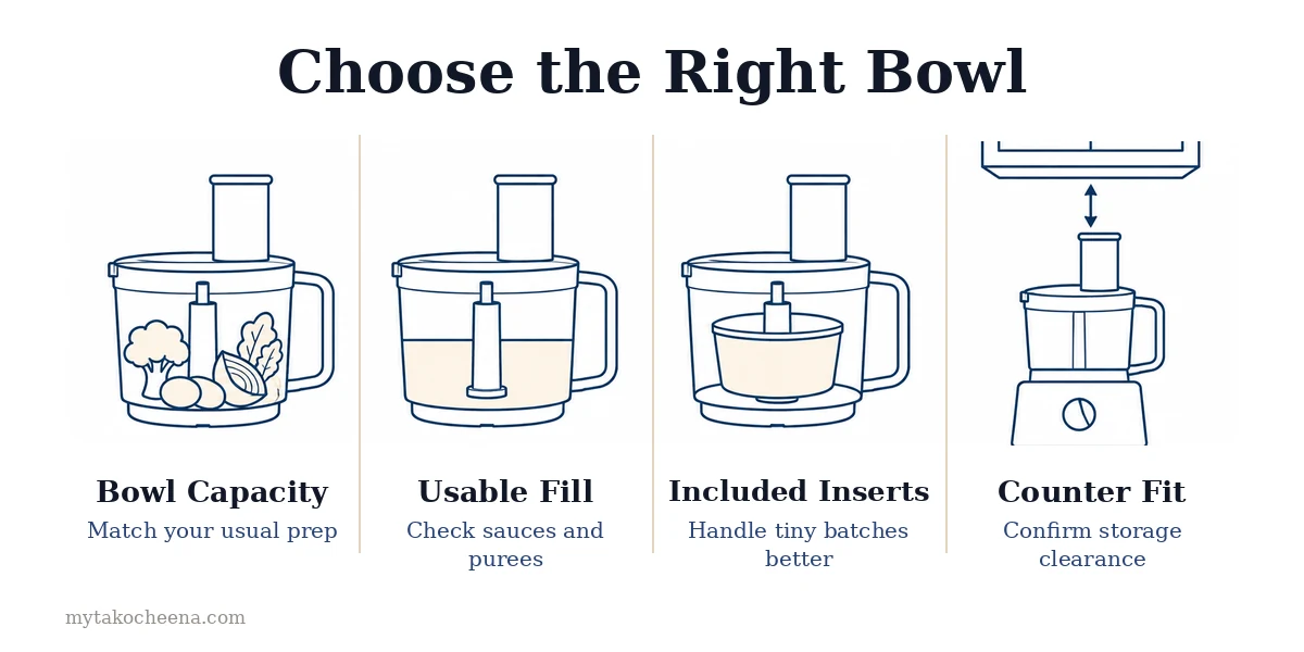 How to Pick a Food Processor Bowl Size: Bowl Capacity, Usable Fill, Included Inserts, Counter Fit.