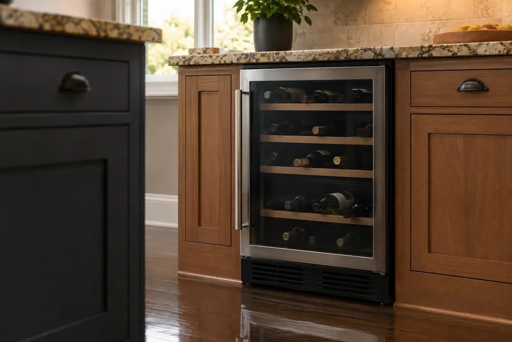 White shaker cabinets surround a humming wine cooler, three-quarter view showing condenser coils, uneven floor tile, and faint glass vibration.
