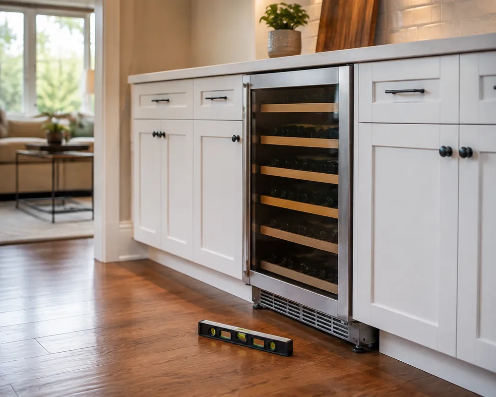 Quartz countertop beside white shaker cabinetry, undercounter wine cooler leveled with a small bubble level and adjusted front feet visible.