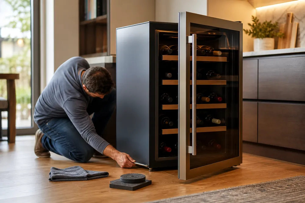 One hand steadies a wine cooler door beside a quiet compressor label, rubber feet, and wooden shelves in a wide modern kitchen.