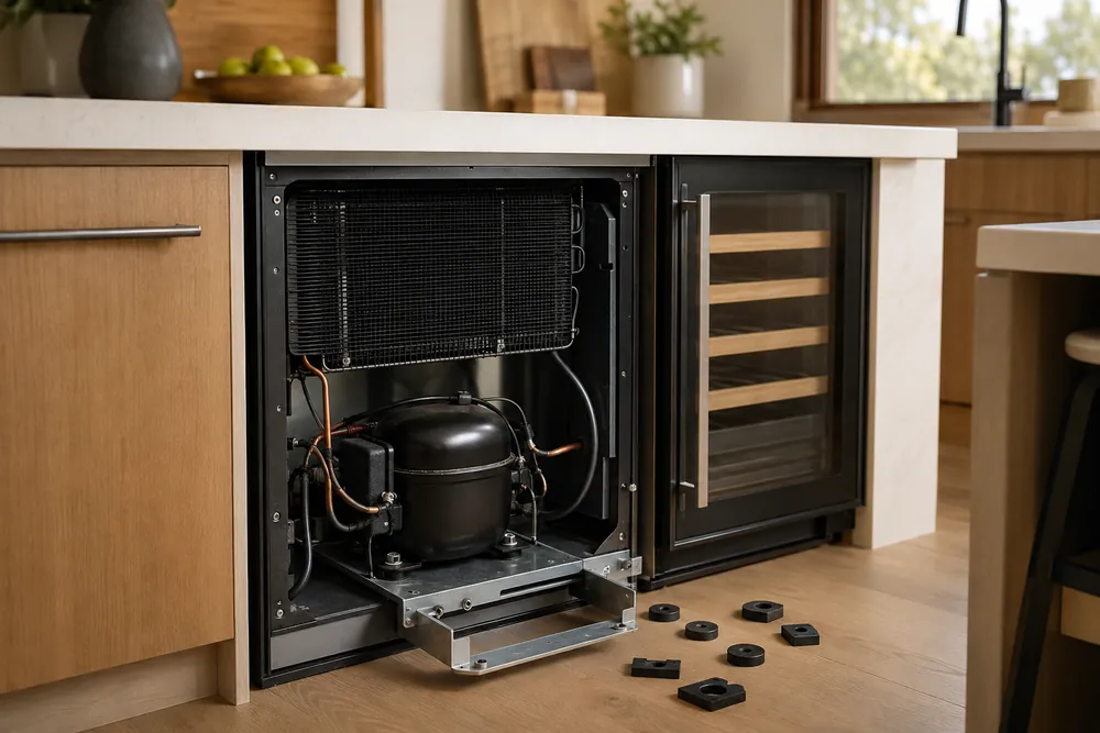 Hand tightens a rear leveling foot beneath a wine cooler, low-angle view showing rubber pads, unplugged cord, and cabinet toe-kick.