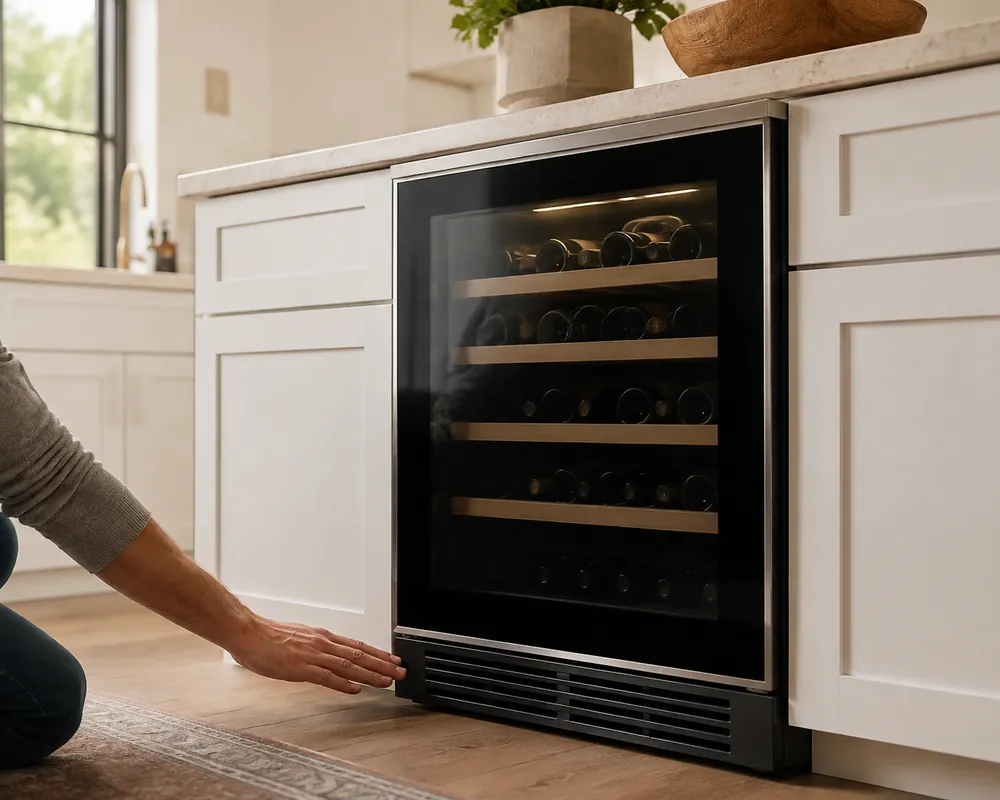Quartz countertop beside lower cabinets, close-up of a built-in wine cooler vent with subtle vibration pads and wine bottles visible.