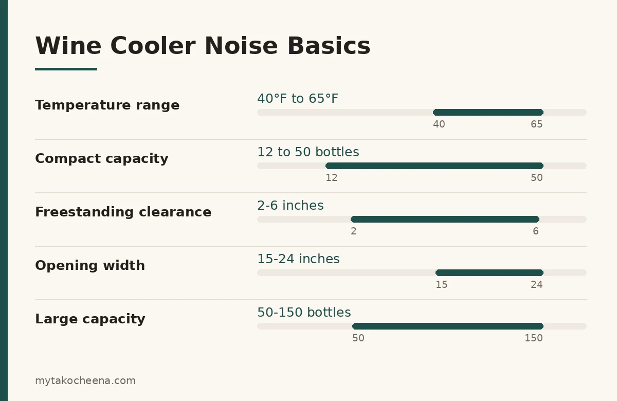 Key figures for How to Reduce Wine Cooler Noise and Vibration: Temperature range, Compact capacity, Freestanding clearance, Opening width, Large capacity.