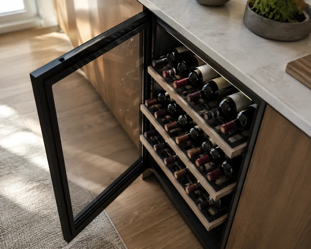 Soft afternoon light fills a modern kitchen as red wine bottles rest horizontally inside an open wine cooler, viewed from overhead.