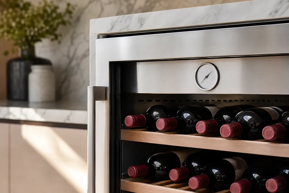Brushed stainless steel wine cooler shelf holding red wine bottles, thermometer showing 55°F, marble countertop visible around the appliance.