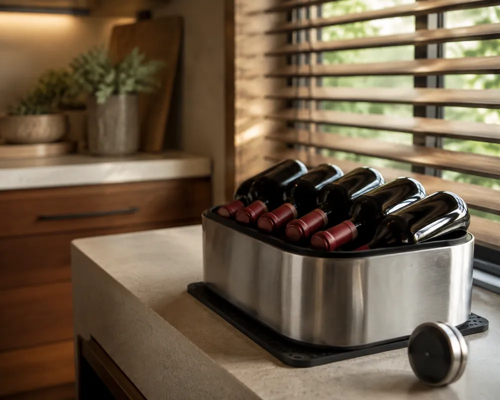 Soft afternoon light reveals red wine bottles resting in a cooler beside blinds, vibration-dampening mat, and humidity gauge, slightly raised view.