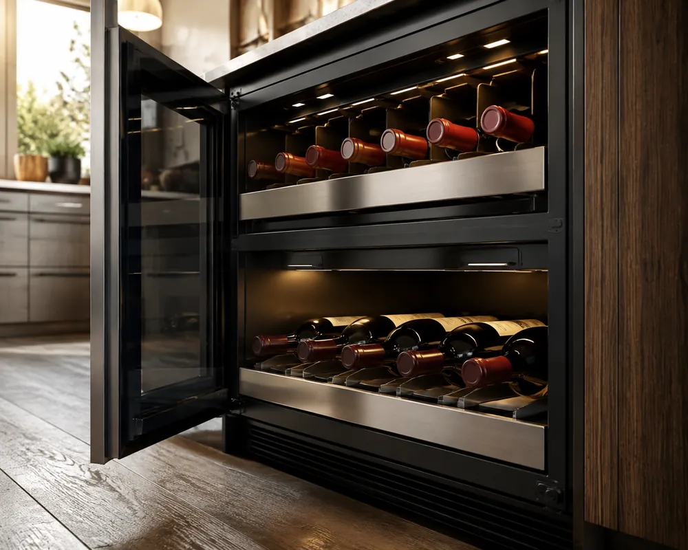 Brushed stainless steel racks inside a dual-zone wine cooler glow softly, red bottles separated by compartments in a modern kitchen, low-angle view.