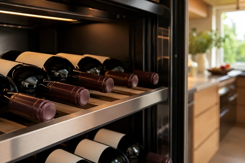 Soft afternoon light fills a close-up wine cooler shelf with red bottles lying sideways, evenly spaced, labels turned away, kitchen cabinets blurred behind.