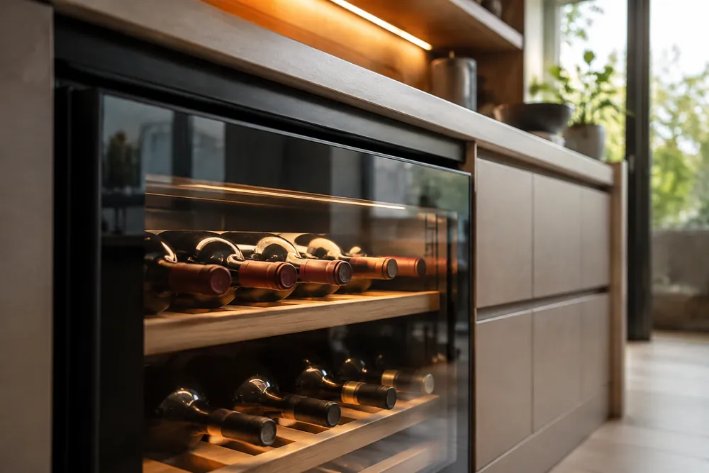 Warm under-cabinet light glows across a low-angle view of mixed red bottles in a wine cooler beside handwritten-free shelves.
