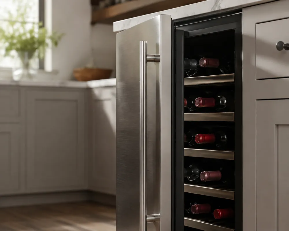 Brushed steel wine cooler door beside a kitchen counter, half-open to show red bottles resting horizontally, viewed from the side.