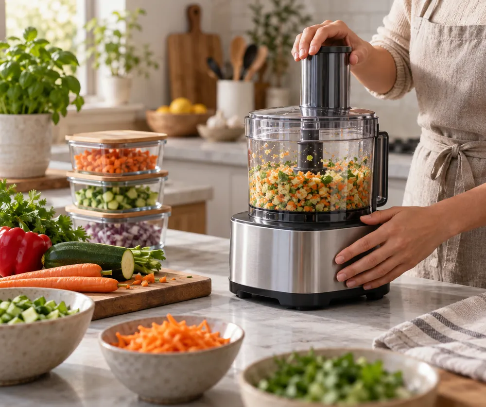 Soft morning light fills a kitchen as hands use a food processor beside prepped vegetables, containers, and utensils, three-quarter view.