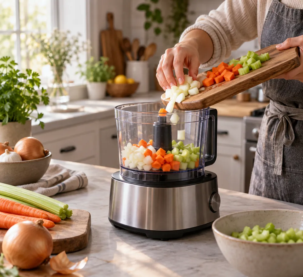 Soft morning light fills a home kitchen as hands load chopped onions, carrots, and celery into a food processor, three-quarter view.