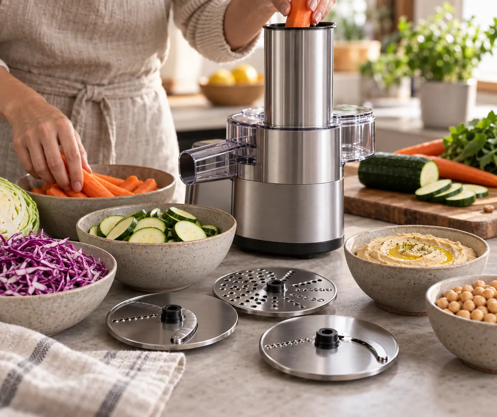 Brushed stainless feed tube in focus as hands guide carrots, zucchini rounds, shredded cabbage, and chickpea puree beside interchangeable blades.