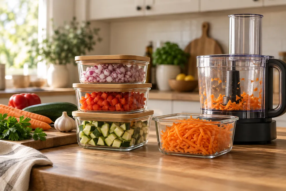 Butcher-block countertop frames stacked glass containers of chopped vegetables beside a food processor bowl, low-angle view, cabinets softly blurred behind.