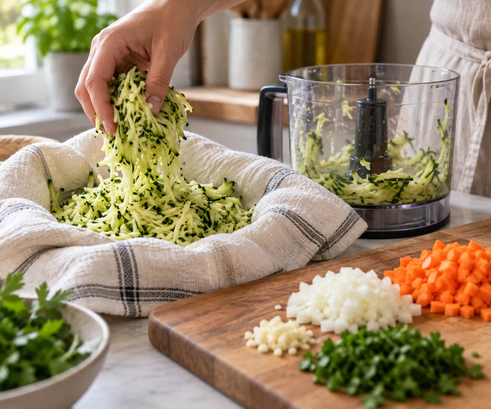Hand lifts drained shredded zucchini from a towel beside a food processor bowl, with evenly chopped vegetables arranged separately on a cutting board.