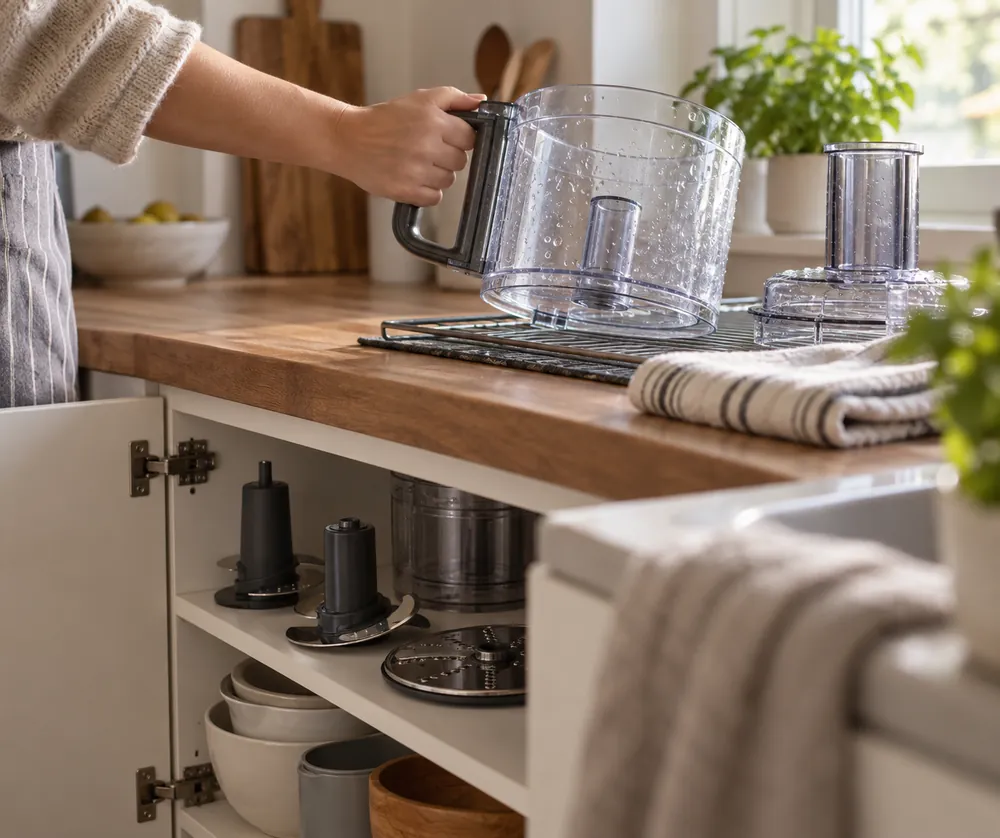 Hand lifts a rinsed processor bowl onto a drying rack, low-angle view of organized blades, towel, and cabinet storage nearby.