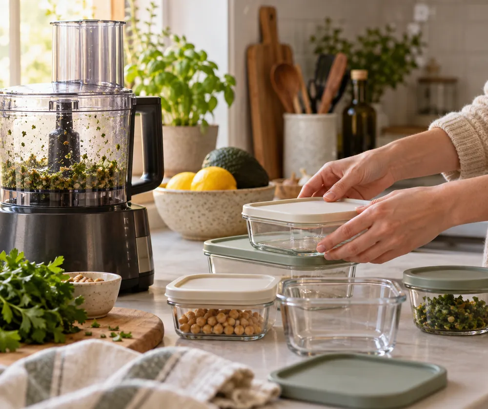 Morning light fills a tidy kitchen as hands sort labeled containers beside a well-used food processor, side-angle view.