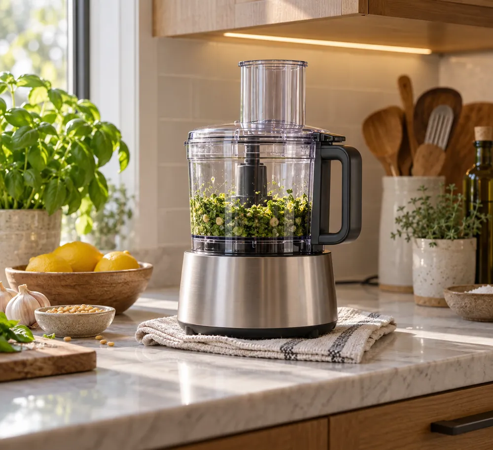 Morning light skims a compact food processor under cabinets, cord tucked back, lid locked, damp towel muffling vibration on counter.