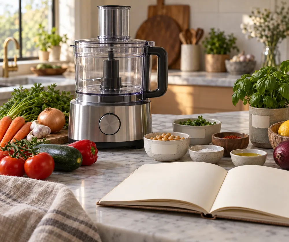 Food processor on a marble counter, low-angle view of labeled prep bowls, uncut vegetables, and an open recipe notebook nearby.