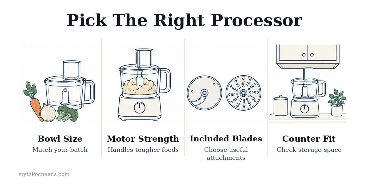 How to Use a Food Processor for Meal Prep: Bowl Size, Motor Strength, Included Blades, Counter Fit.