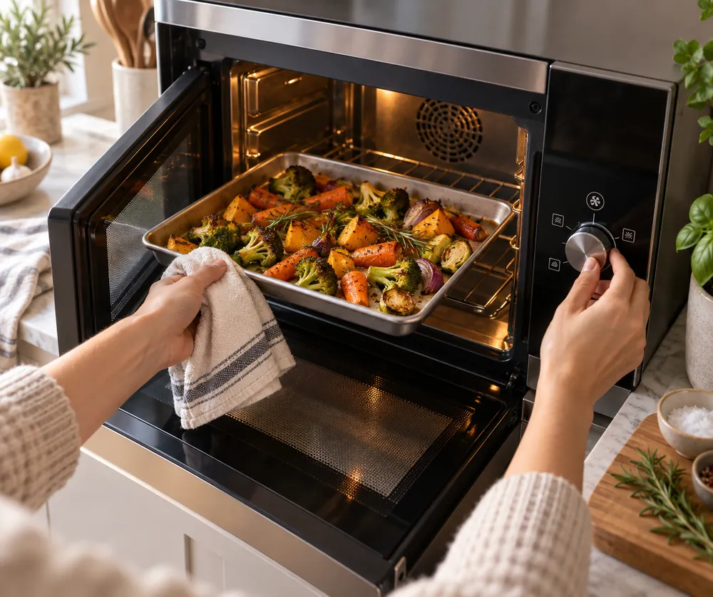 One hand adjusts a microwave convection setting while another places a metal baking tray inside, overhead view showing rack and crisped vegetables.