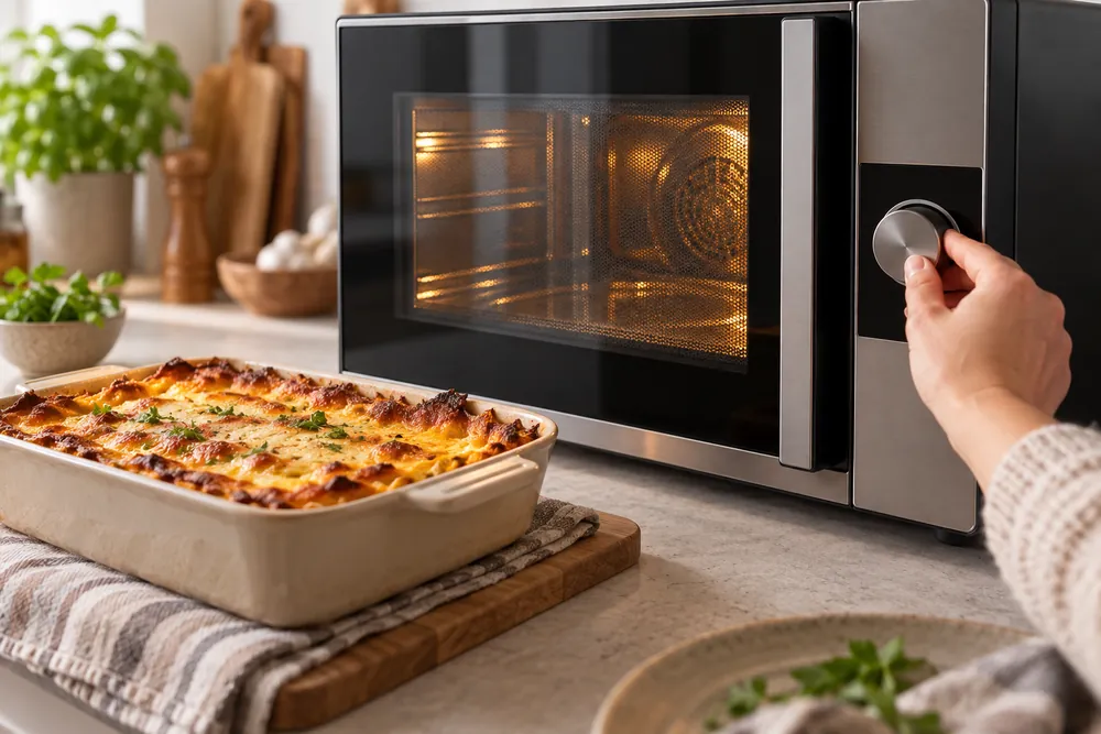 Hand turns the microwave dial to convection beside a golden casserole dish, highlighting browned edges unavailable with regular heating.