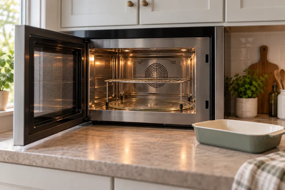 Laminate countertop and upper cabinets surround an open convection microwave with metal rack inserted, glass turntable centered, empty baking dish nearby.