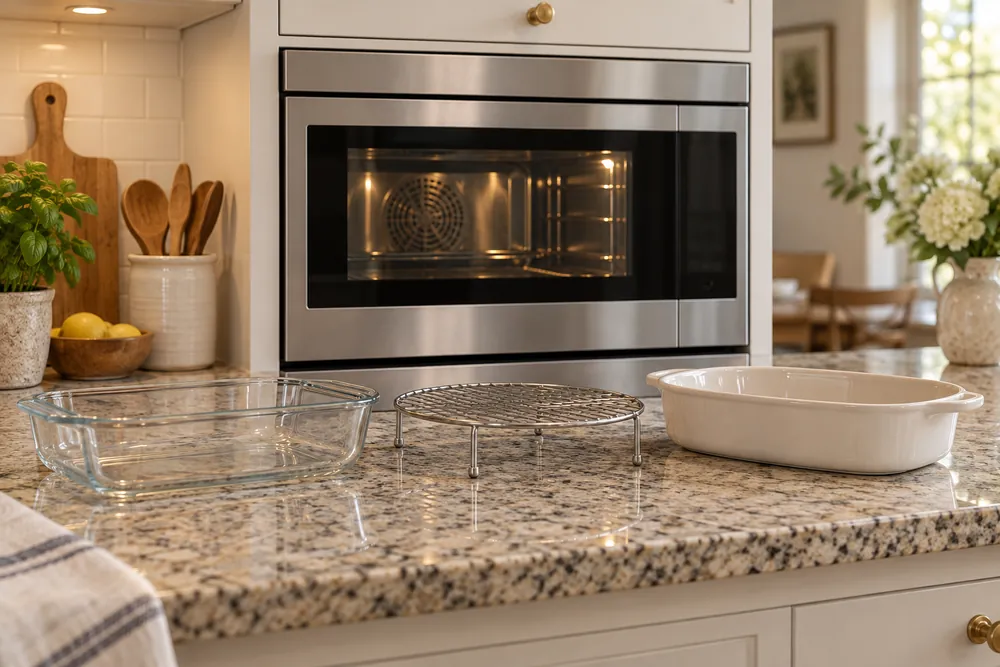 Granite countertop surrounds a convection microwave with glass dish, metal rack, and ceramic pan arranged safely beside it.