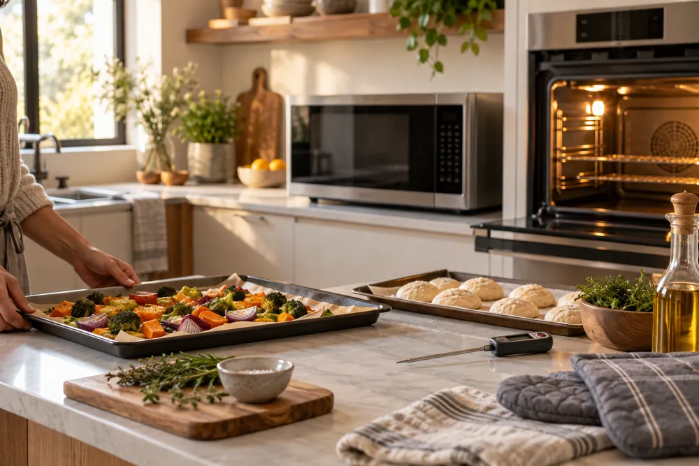 Soft afternoon light fills a wide kitchen as someone sets a convection microwave beside trays, thermometer, and preheating oven mitts.