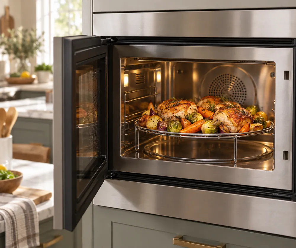 Stainless microwave convection oven open at eye level, showing golden roasted vegetables and browned chicken on a round rack.