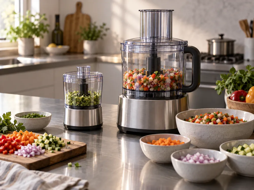 Brushed steel countertop with mini and full-size food processors side by side, side-angle view, diced vegetables and bowls showing capacity difference.