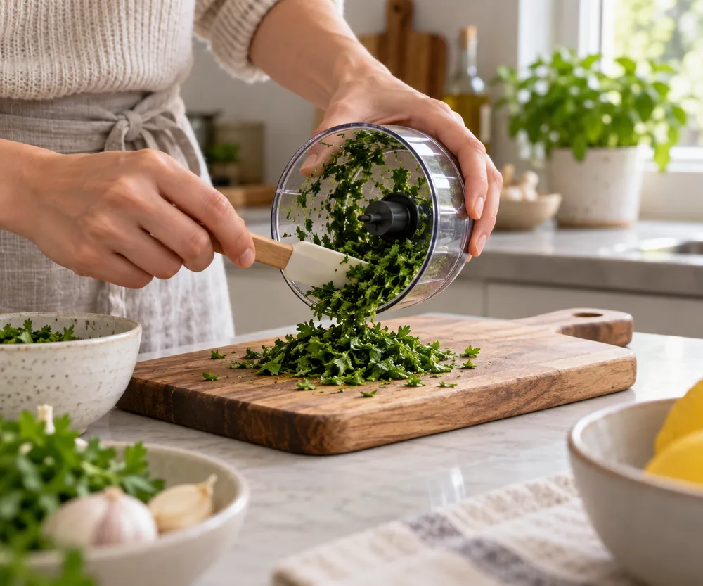 Hand tips chopped herbs from a compact mini food processor beside a small cutting board in a tidy apartment kitchen.