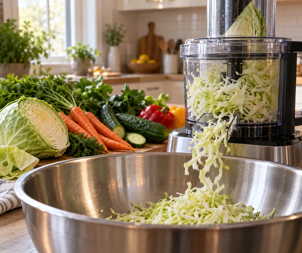 Brushed metal bowl edge dominates foreground, low-angle view of a full-size processor shredding cabbage beside piled vegetables on a kitchen counter.