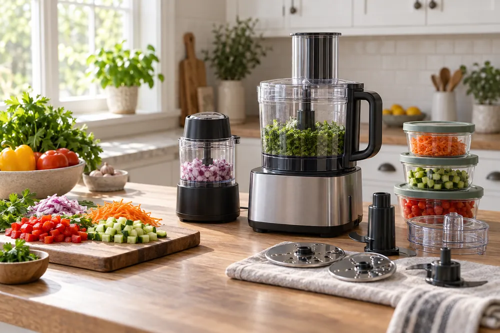 Butcher-block counter shows mini and full-size processors beside chopped vegetables, nested storage bowls, and dishwasher-safe parts near white cabinetry.