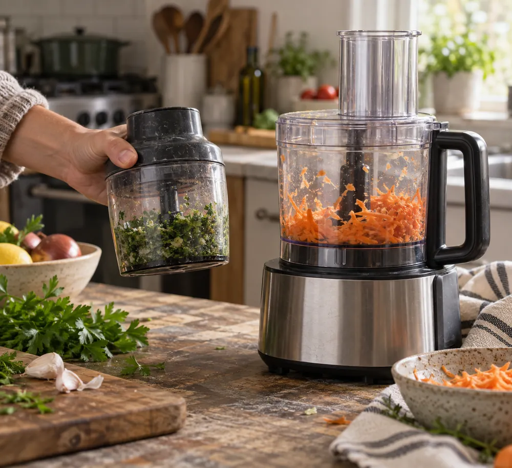 One hand lifts a scuffed mini chopper bowl beside a full-size processor on a worn countertop in a busy home kitchen.