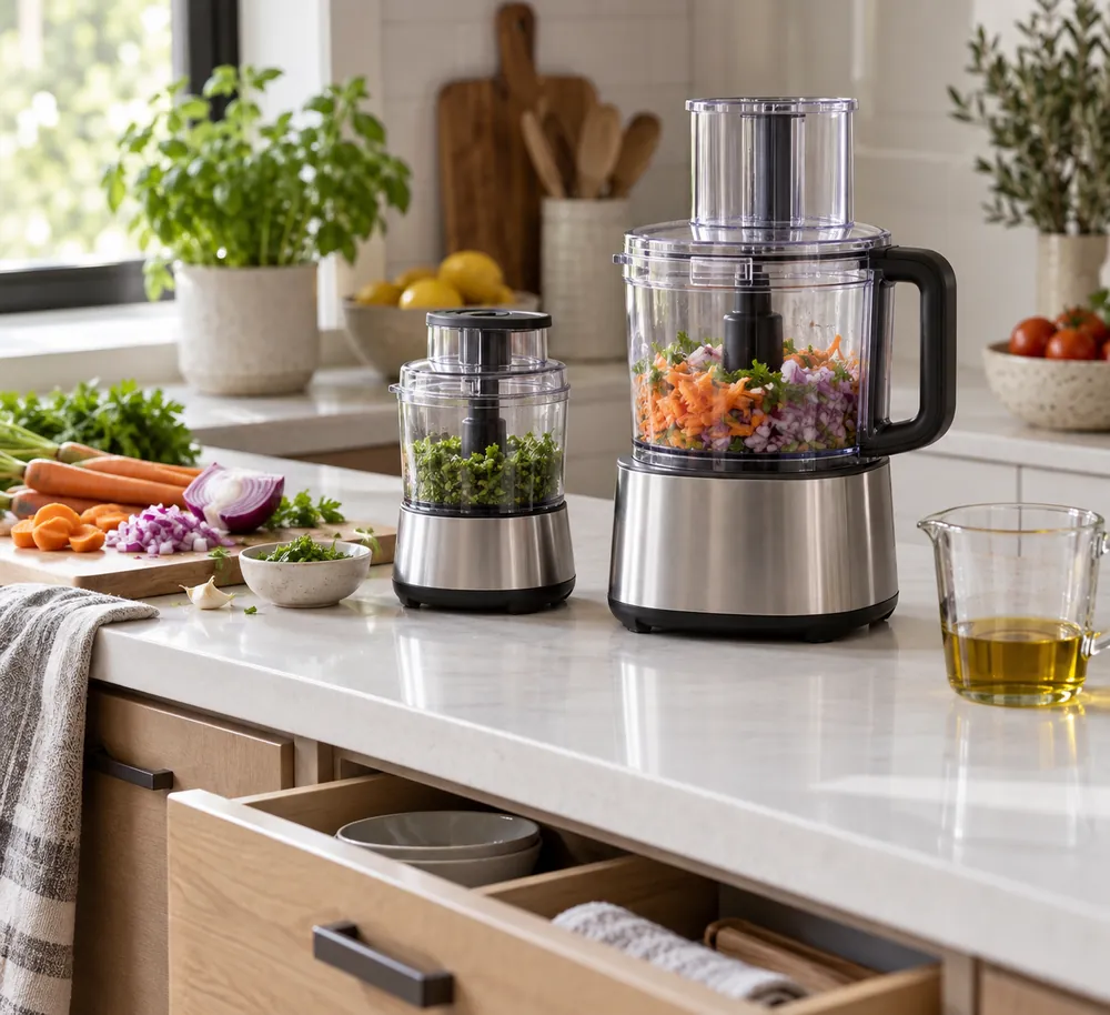White quartz countertop beside lower cabinets, mini and full-size processors side by side with chopped vegetables, measuring cup, and open drawer.